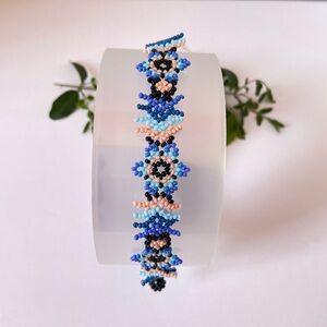 Handcrafted Beaded Bracelet - Blue,black and pale Pink